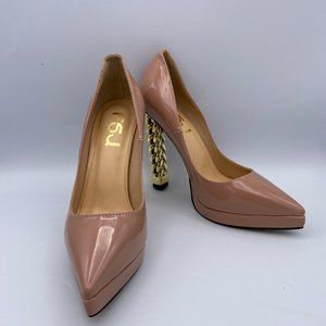 FSJ Nude Round Toe Chunky Gold High Heel Pump
